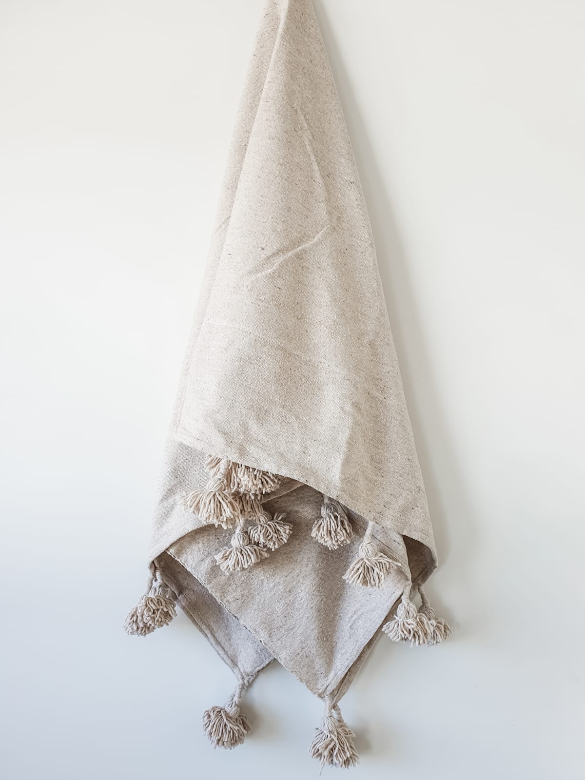 Moroccan Pom Blanket | Large - Beige - 100% Natural Cotton