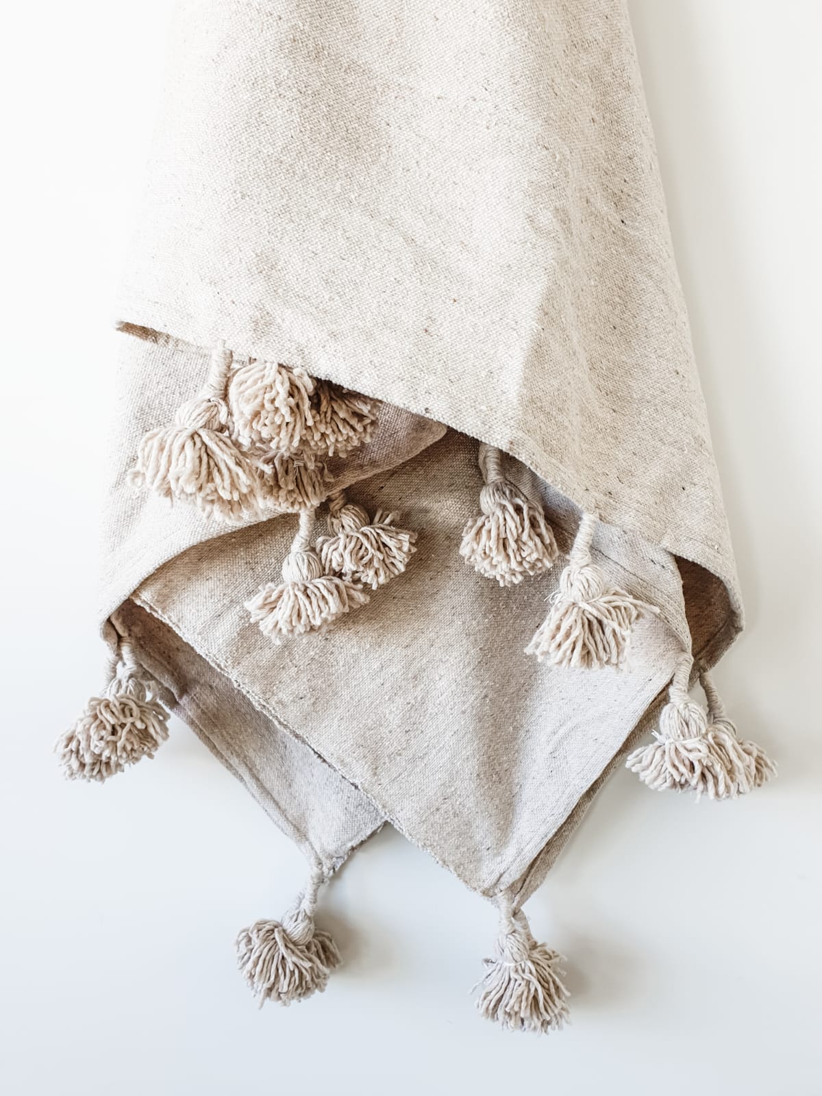 Moroccan Pom Blanket | Large - Beige - 100% Natural Cotton