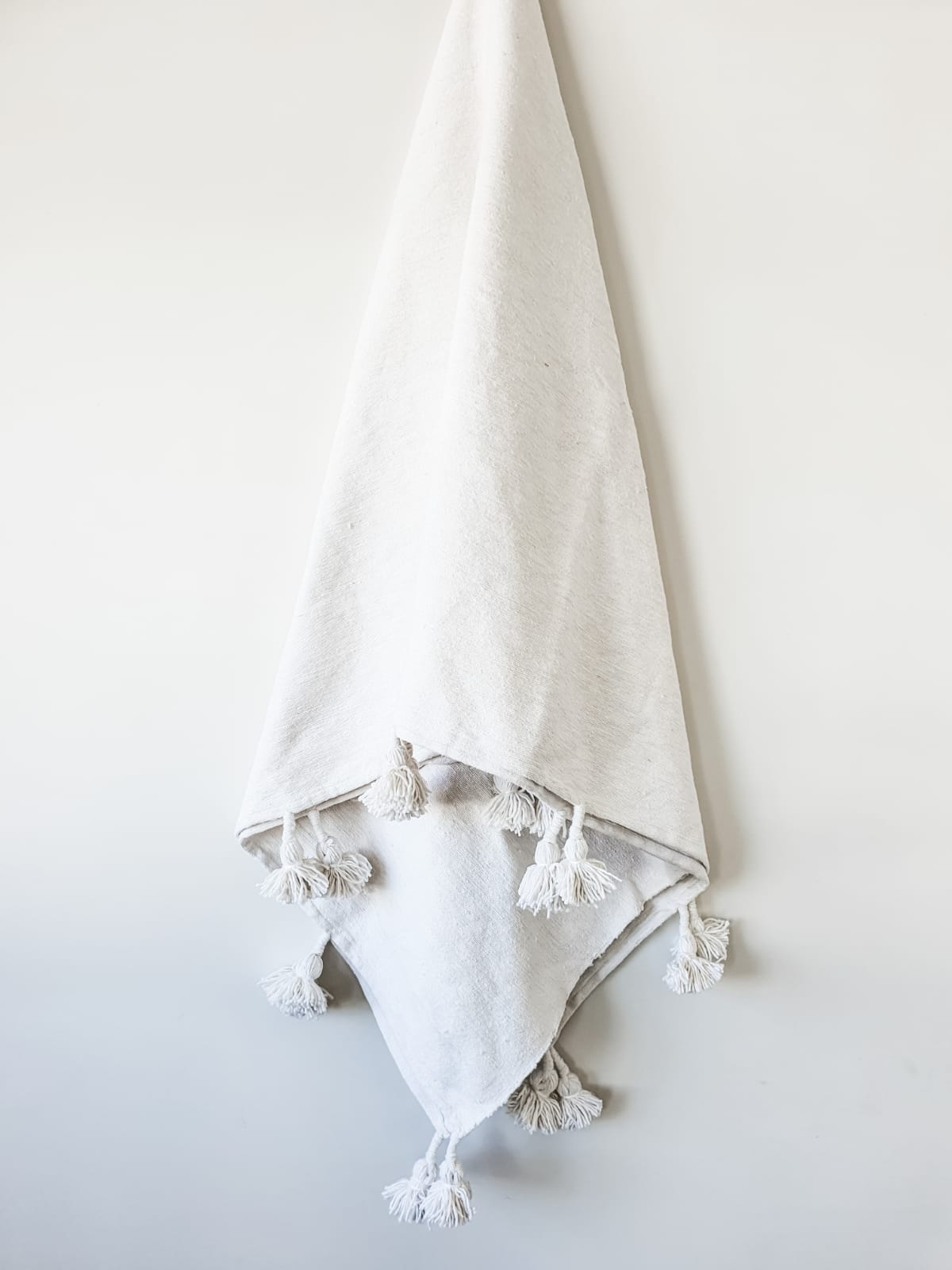 Moroccan Pom Blanket | Large - White - 100% Natural Cotton