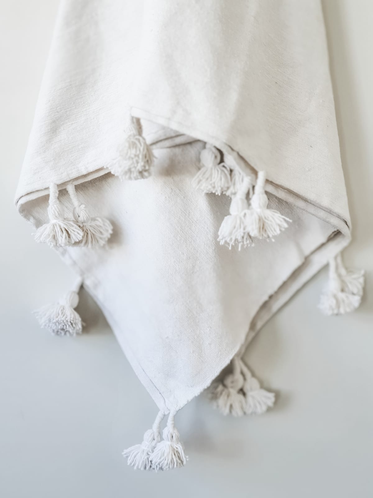 Moroccan Pom Blanket | Large - White - 100% Natural Cotton