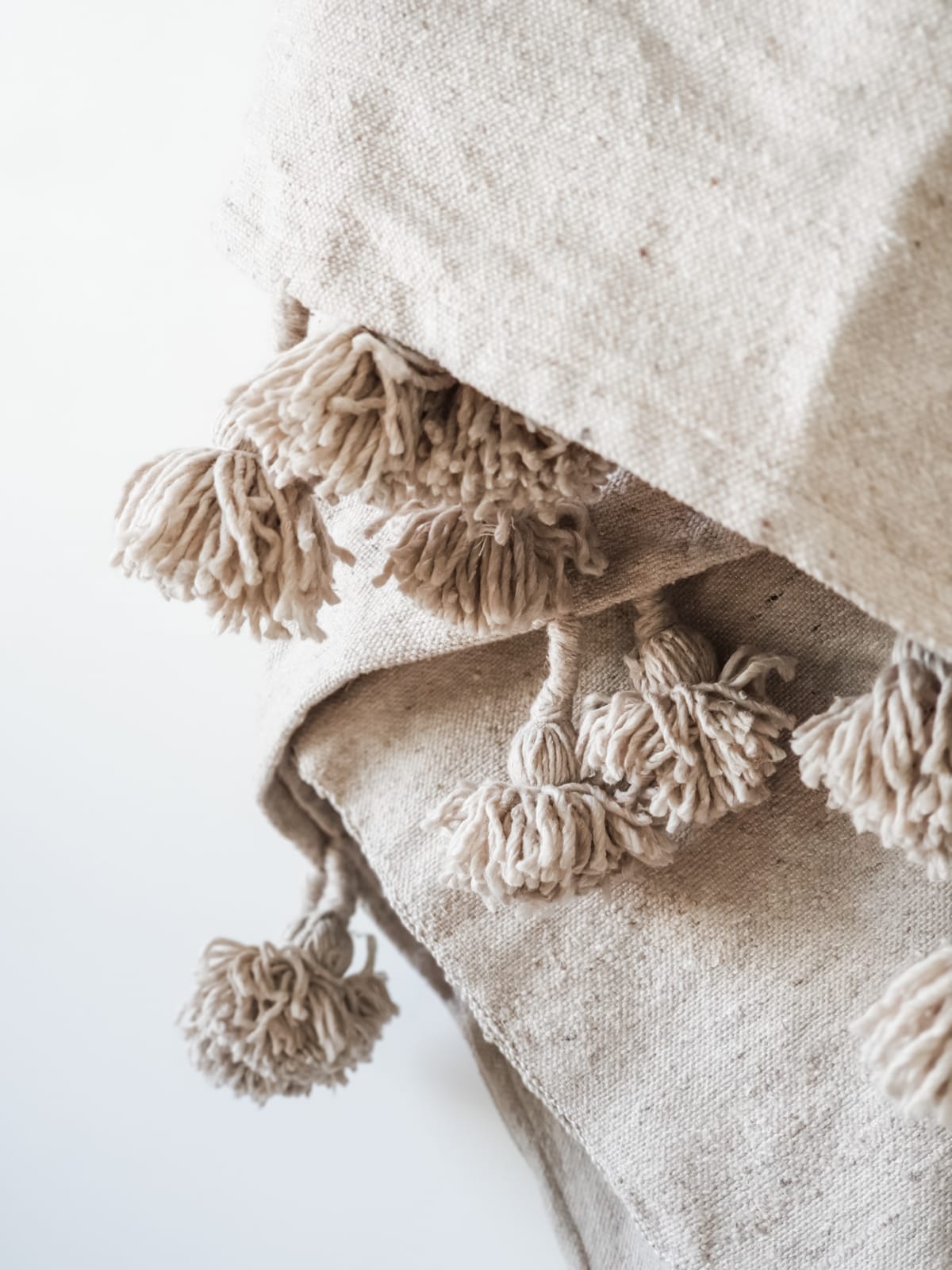 Moroccan Pom Blanket | Large - Beige - 100% Natural Cotton